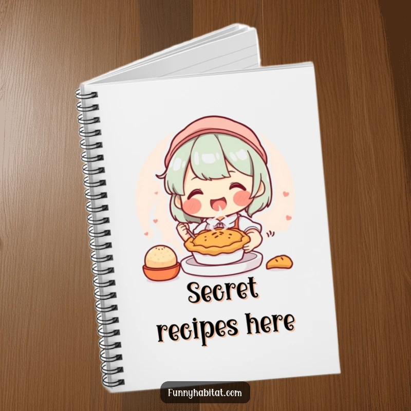 Funny notebook featuring a joyful character happily baking a small, steaming pie, perfect for recipe recording and baking notes.