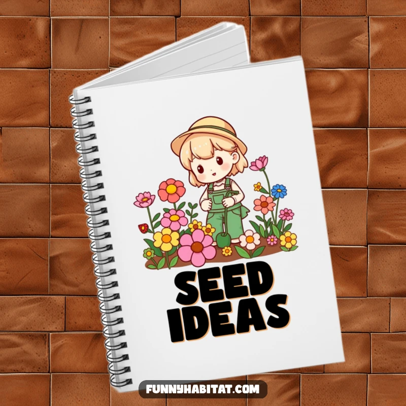 Funny gardening notebook with a joyous character tending colorful flowers, perfect for garden notes and creative ideas.