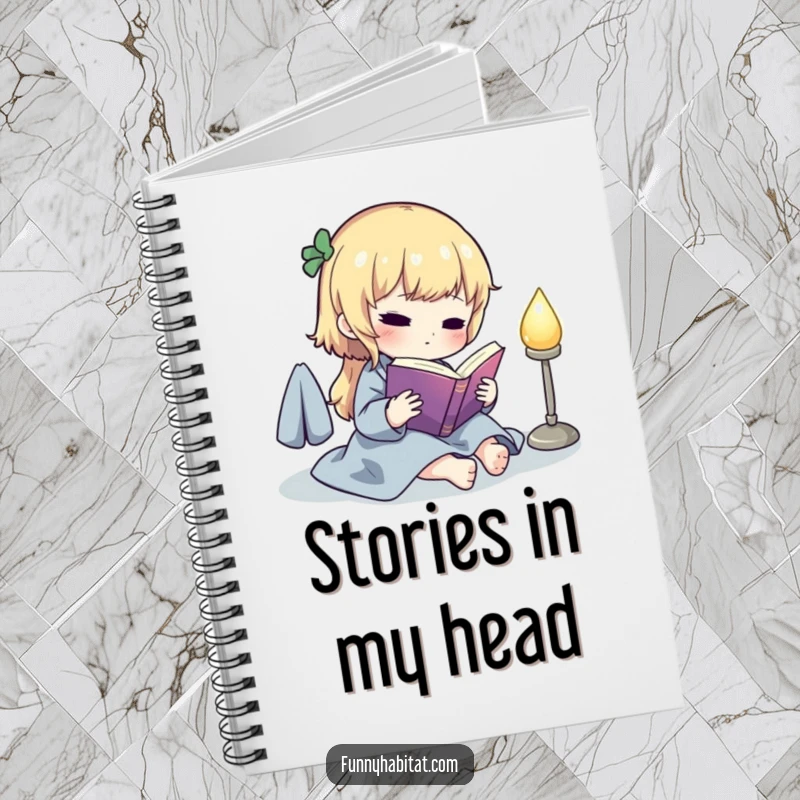 Funny notebook featuring a cute character reading a book under a soft glowing lamp, perfect for journaling and creative writing.