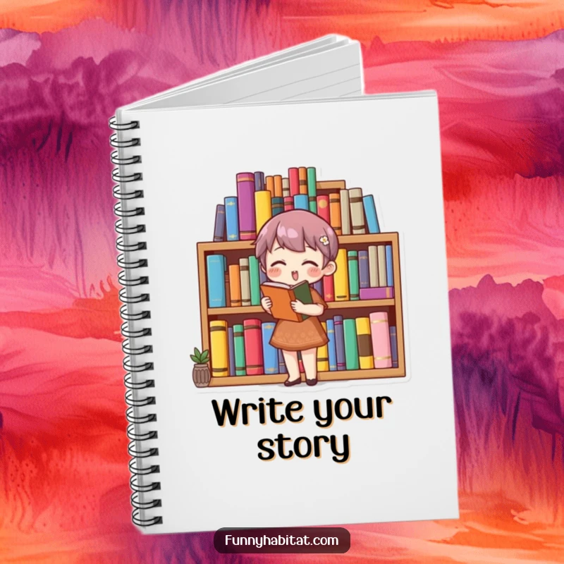 Funny bookworm notebook featuring a character organizing a bookshelf, ideal for jotting down reading notes and ideas.