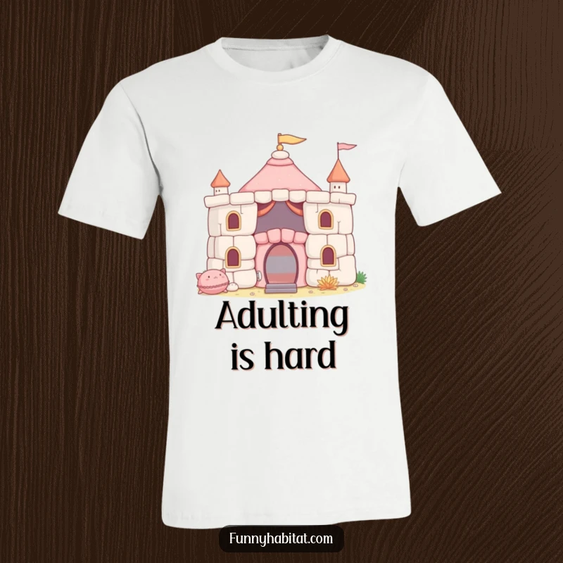 Funny T-Shirt with a character happily constructing a fort from cushions, perfect for casual wear and embracing imaginative play.