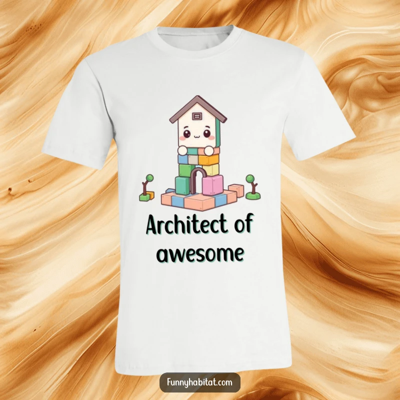Funny t-shirt featuring a cheerful character assembling a block structure, perfect for expressing creativity and humor.