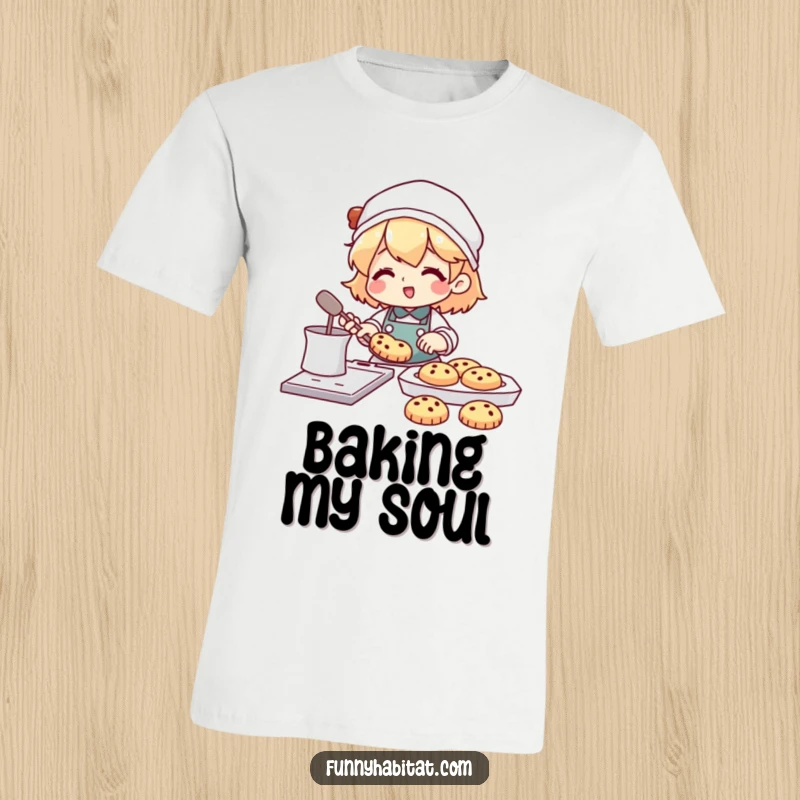 Funny t-shirt showing a character happily baking cookies with a tray full of treats nearby; celebrates baking passion.