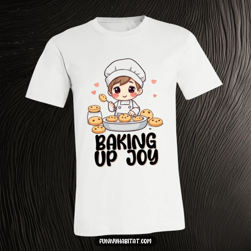 Funny t-shirt depicting a joyful character skillfully baking cookies, exuding delicious aromas, ideal for baking enthusiasts.