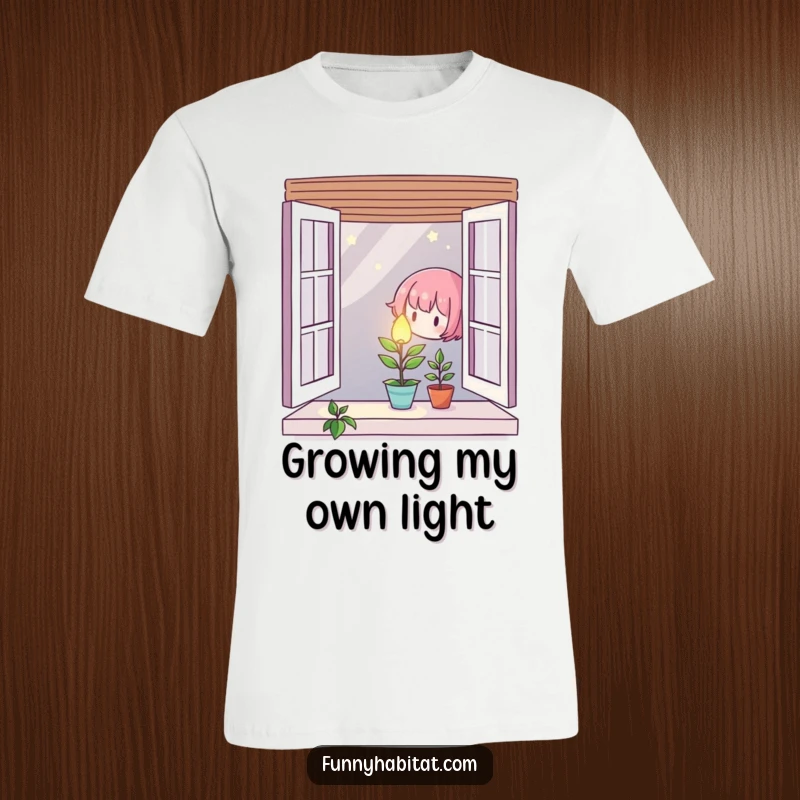 Character attentively nurturing a small, glowing plant in a window, printed on a soft tee.