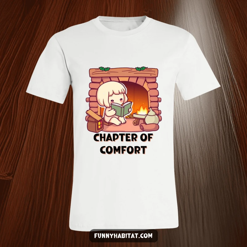 Funny t-shirt illustrating a character reading a novel by a glowing fireplace, capturing the essence of a relaxing evening.