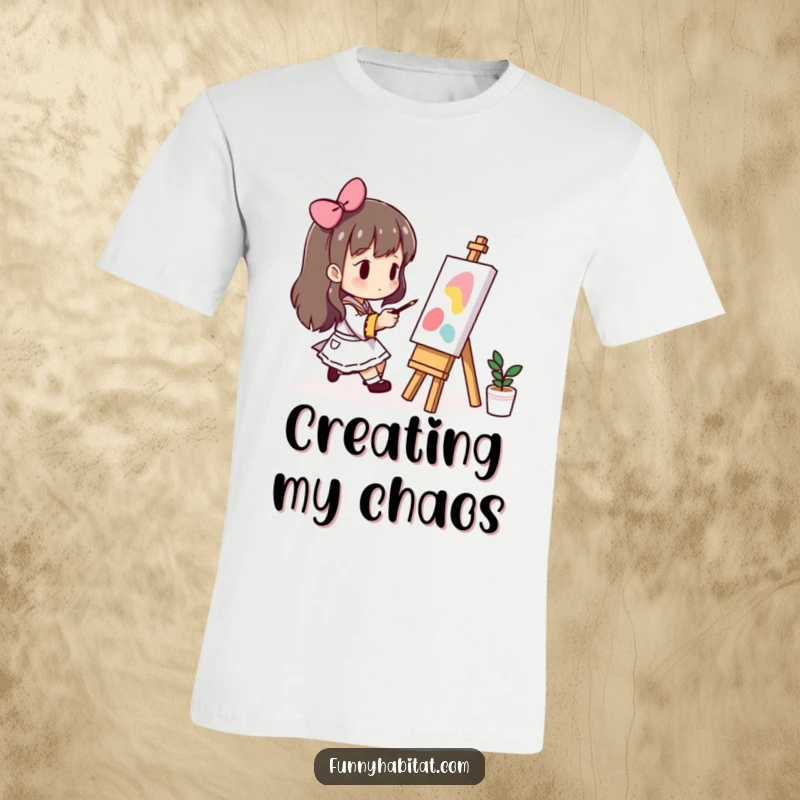 Funny t-shirt featuring a character intently painting on a small easel, a charming portrayal of artistic dedication.