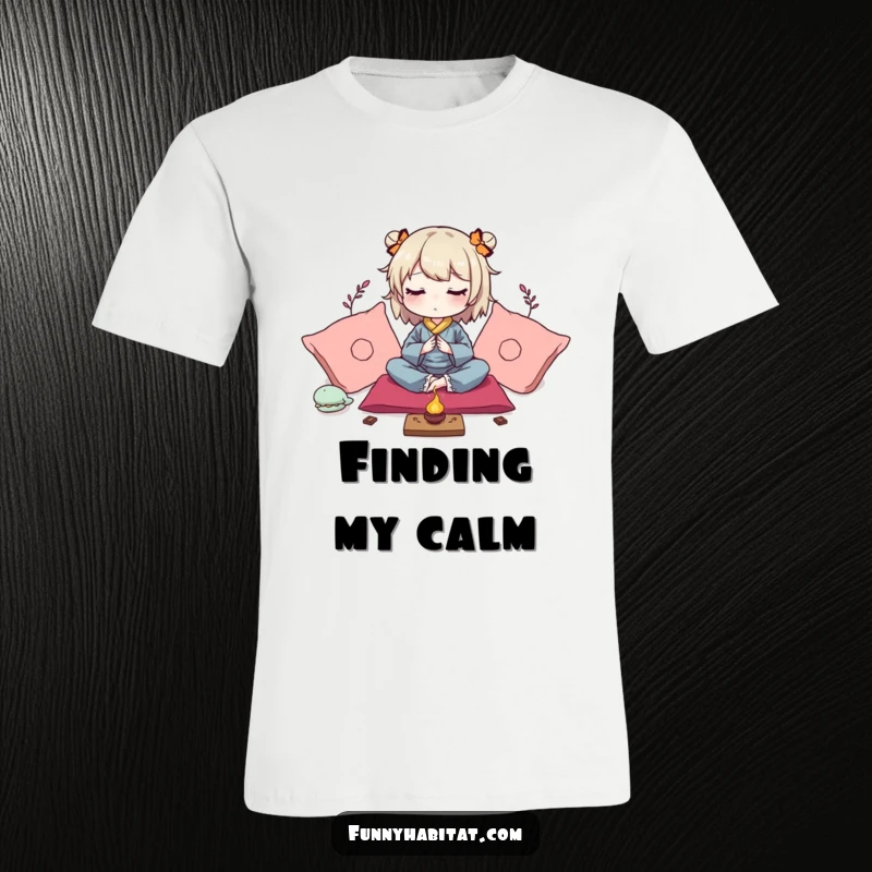 Funny t-shirt with a peaceful character meditating amongst soft cushions and gentle incense, promoting mindfulness.