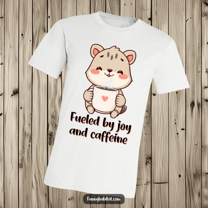 Funny T-Shirt featuring a cheerful animal with an infectious smile, happily holding a steaming mug, radiating warmth and joy.