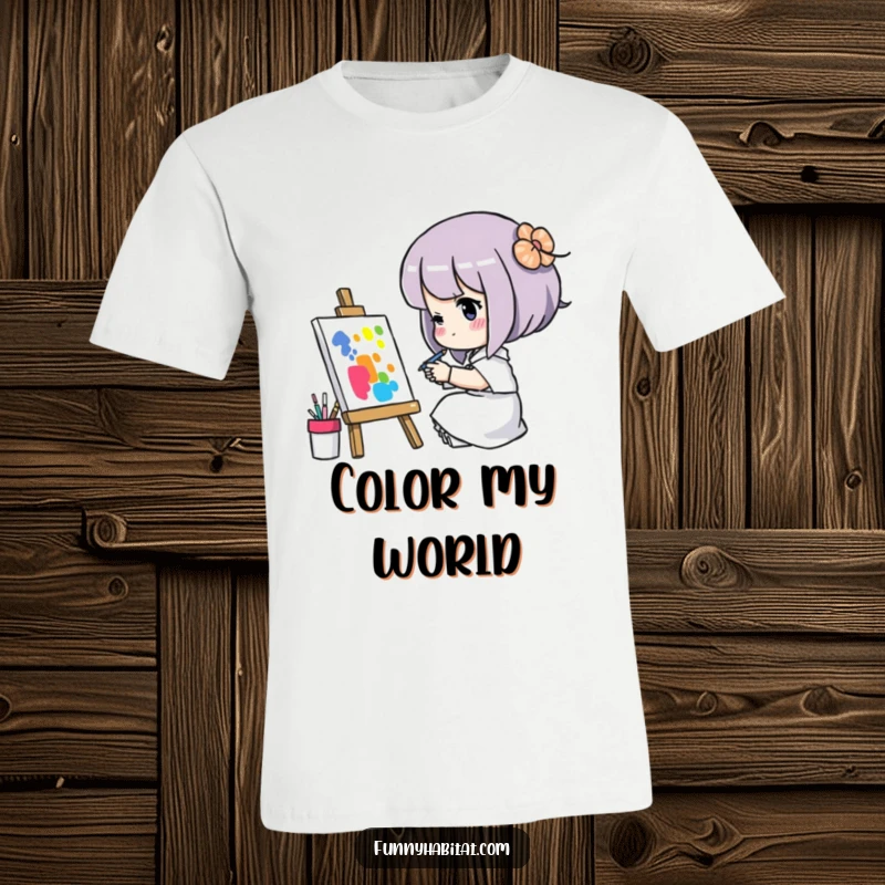 Funny t-shirt with a character concentrating hard on painting a colorful picture, celebrating the process of artistic creation.