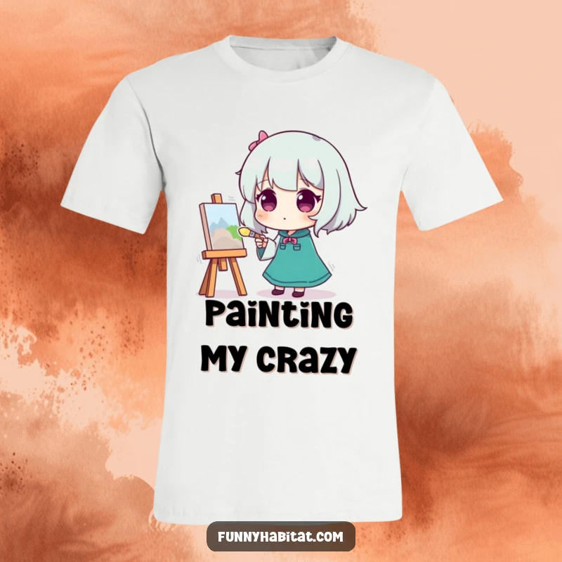 Funny T-shirt depicting a character engrossed in painting a small canvas, brush in hand, humorous apparel for artists.
