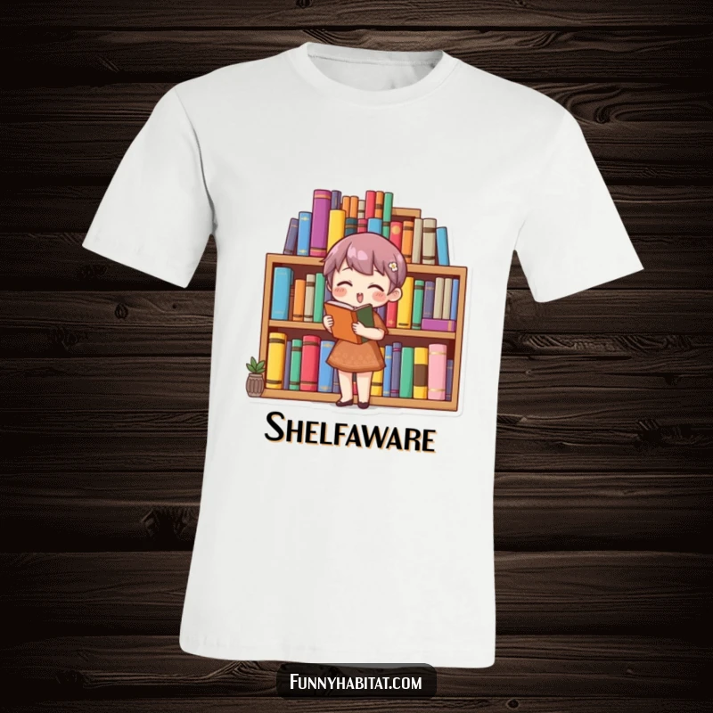 Funny bookworm t-shirt depicting a character happily arranging a colorful bookshelf, celebrating reading and organization.