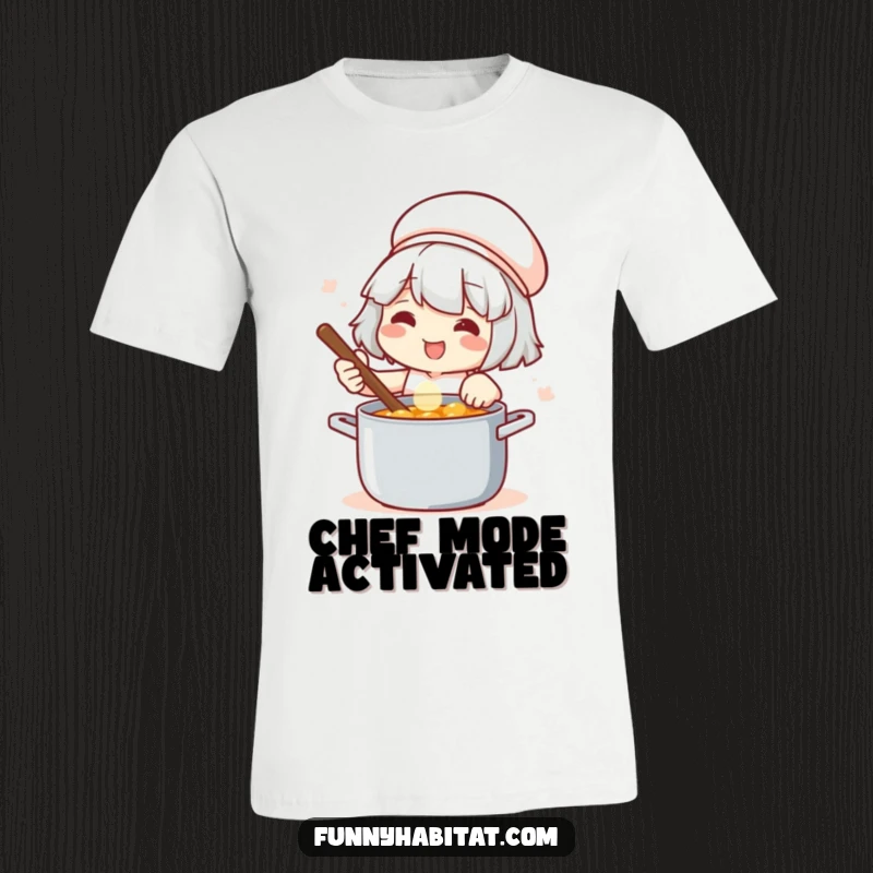 Funny t-shirt of a cook smiling with satisfaction while stirring a pot, celebrating the joy of creating delicious food.
