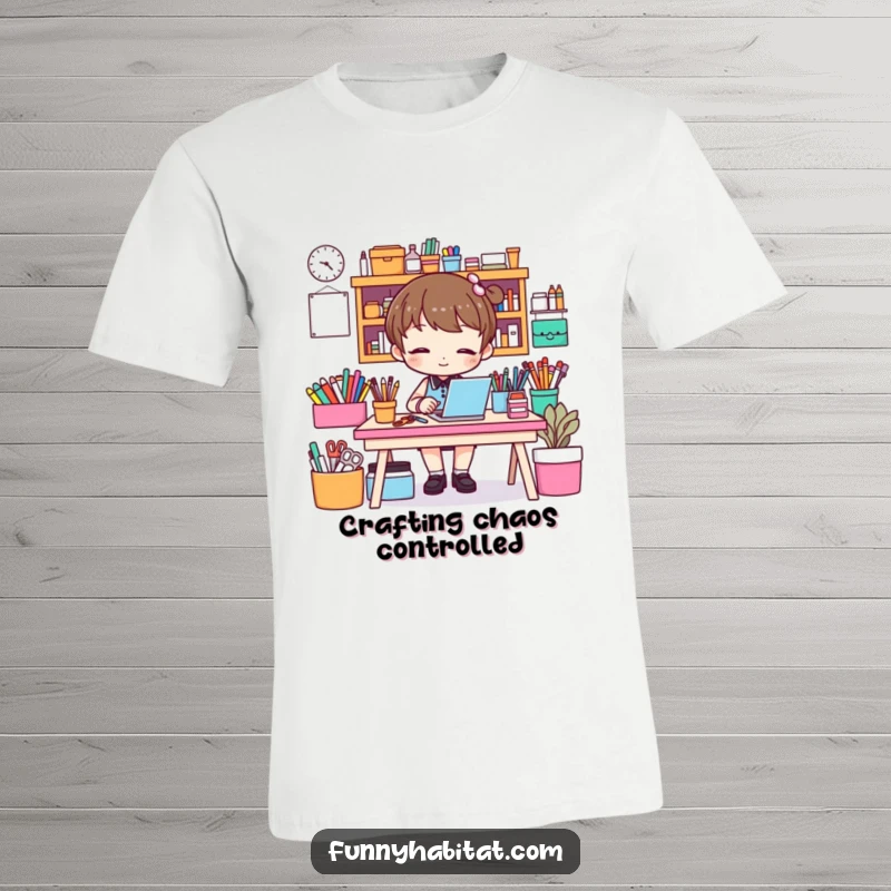 Funny t-shirt with a character diligently organizing a colorful craft desk, celebrating the joy of neat creative spaces.