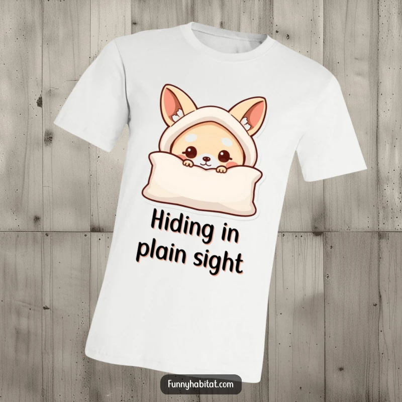 Funny t-shirt depicting a curious animal character peeking from behind a cushion, great for casual wear.