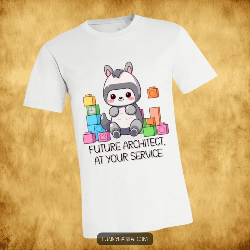 Funny T-Shirt featuring a cute animal character carefully stacking colorful building blocks, representing order and playful creativity.