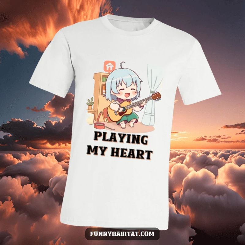Funny t-shirt showing a character enthusiastically playing a musical instrument in a cozy room; celebrates musical passion.