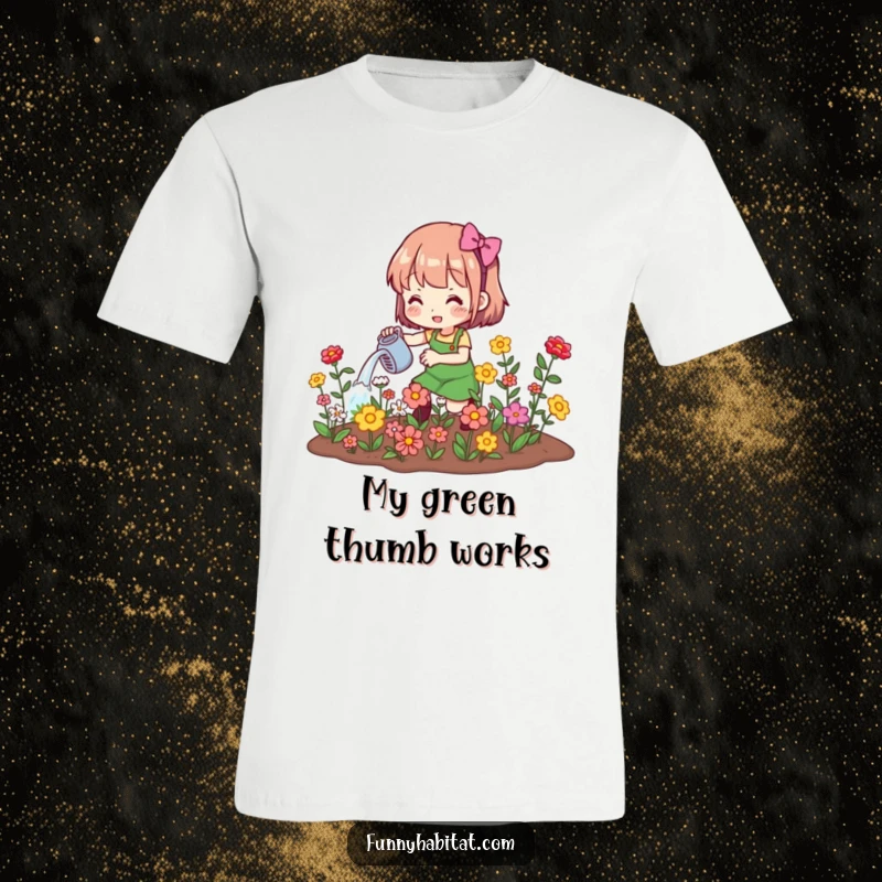 Funny t-shirt with a character watering blooming flowers, representing enthusiasm for gardening and nature.