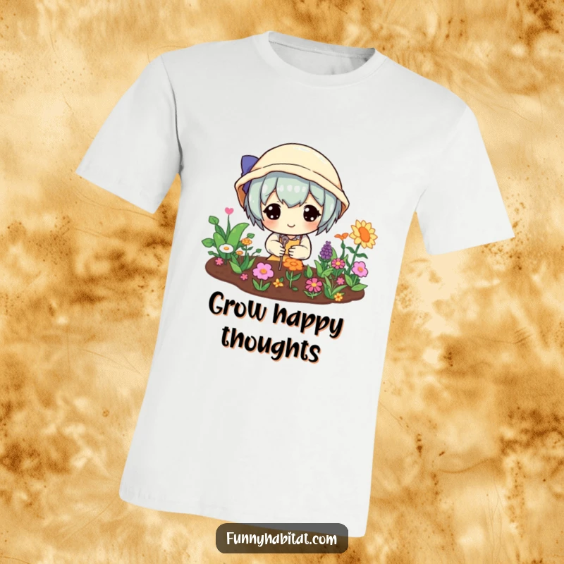 Funny t-shirt depicting a happy character lovingly caring for a miniature, colorful garden, perfect for garden enthusiasts.