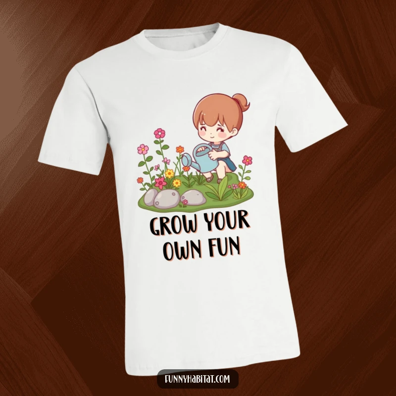 Funny T-shirt depicting a character watering a vibrant miniature garden, ideal humorous apparel for plant lovers and gardeners.