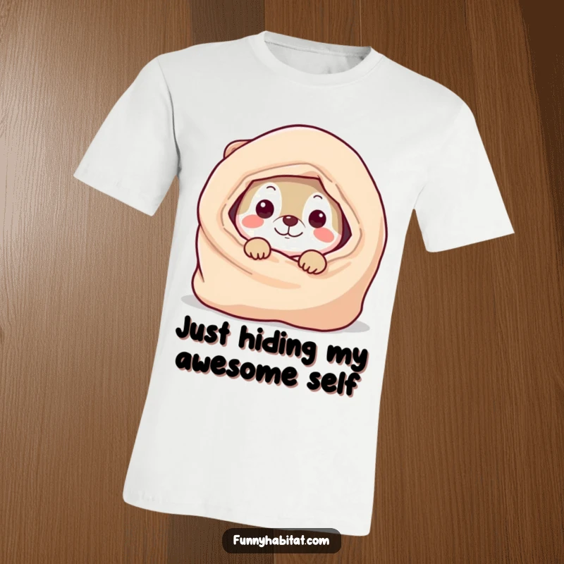 Funny T-Shirt featuring a playful animal character with curious eyes peeking out from behind a warm, cozy blanket, inviting interaction.