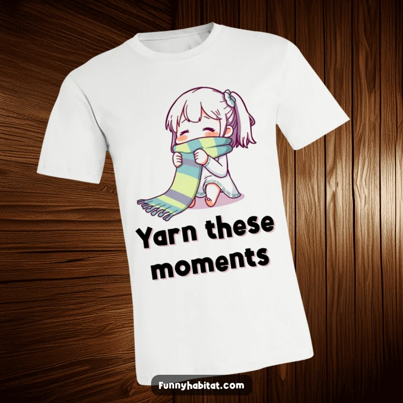 Funny t-shirt depicting a character happily and intently knitting a long, multi-colored scarf with a contented expression.