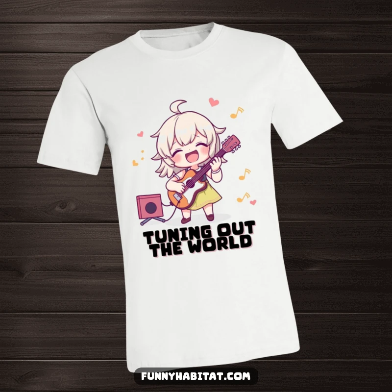 Funny t-shirt featuring a character joyfully playing a musical instrument, perfect for expressing a passion for music.