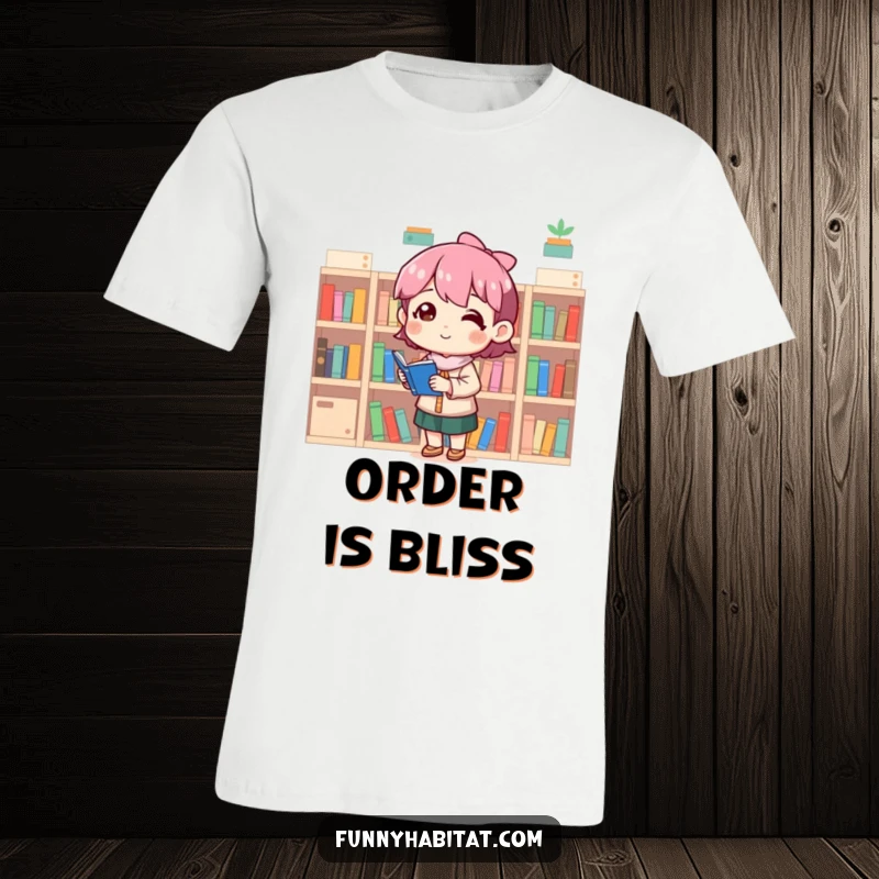 Funny t-shirt showcasing a content character organizing a small, neat collection of miniature bookshelves, a symbol of organized joy.