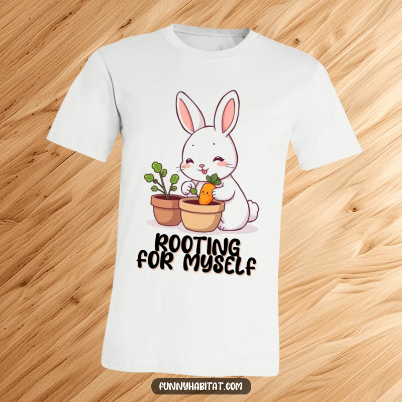 Funny rabbit character watering a tiny, smiling carrot plant in a pot, a humorous gardening t-shirt for plant lovers.