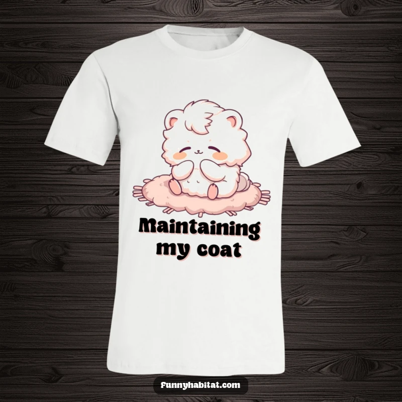 Funny t-shirt depicting a fluffy animal character blissfully grooming on a soft rug, ideal for casual wear.