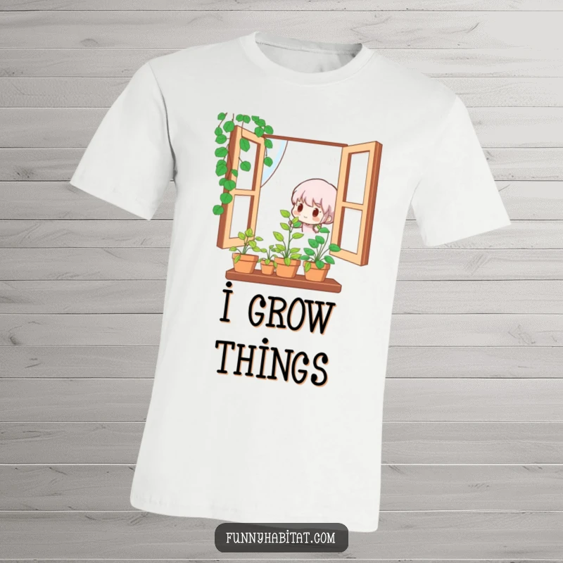 Funny t-shirt with a cute character happily watering a vibrant potted plant in a sunlit window, a celebration of plant care.
