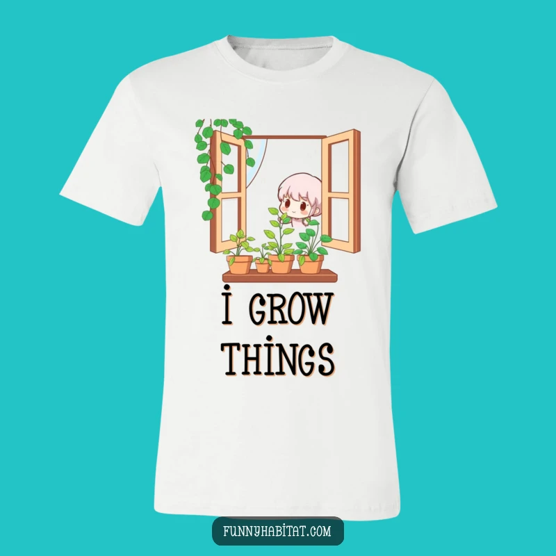 Funny T-Shirt: Adorable Character Tending to a Lively Potted Plant window