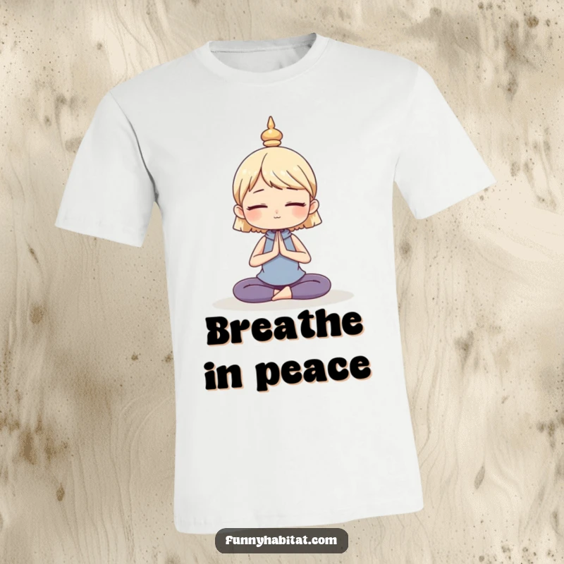Funny t-shirt with a character in a calm, serene yoga pose, celebrating the balance and peace of yoga.