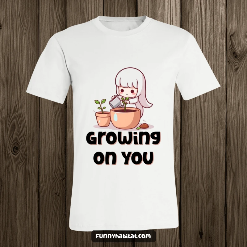 Funny character with a watering can nurturing a tiny sprout in a bright, sunny pot on a t-shirt.