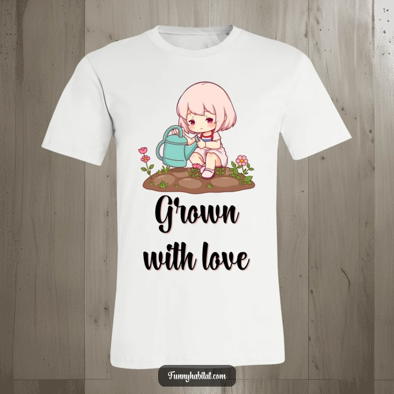 Funny t-shirt featuring a cute character diligently watering a miniature garden, a charming portrayal of horticultural happiness.