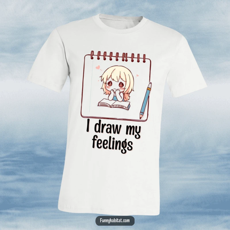 Funny t-shirt featuring a character with a thoughtful expression sketching diligently in a notebook, celebrating artistic creation.