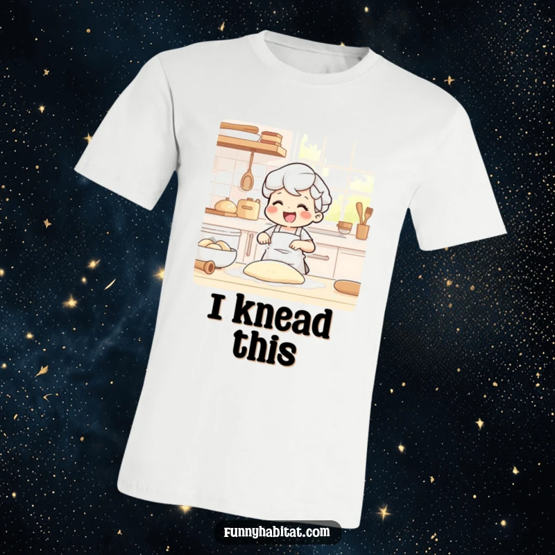 Funny t-shirt with a joyful character happily kneading dough in a sunlit kitchen, lightly dusted with flour.