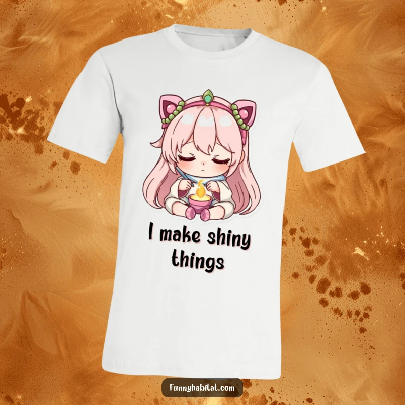 Funny t-shirt featuring a character with focused, peaceful concentration crafting delicate and beautiful jewelry.
