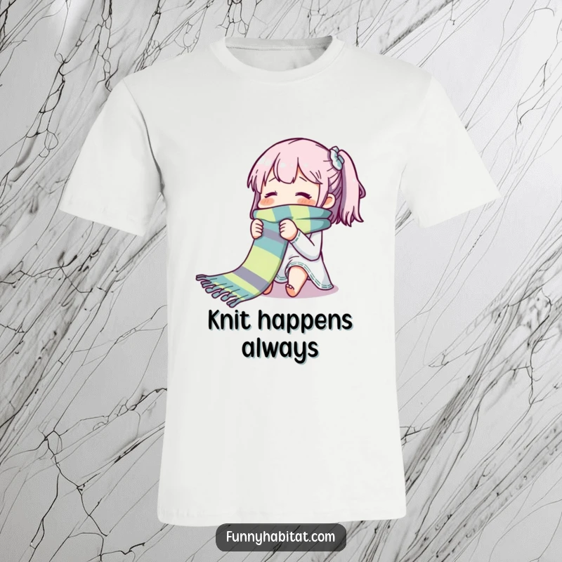 Funny t-shirt showing a character blissfully knitting a long, colorful scarf; celebrates the joy of crafting.
