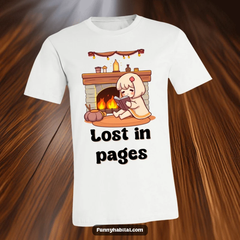 Funny character engrossed in a book next to a softly glowing fireplace, printed on a t-shirt.