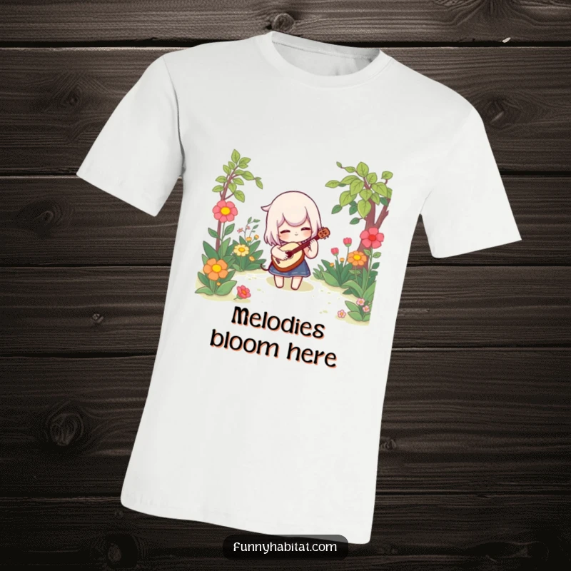 Funny t-shirt showing a character playing a small, charming instrument in a vibrant garden setting, radiating peaceful joy.