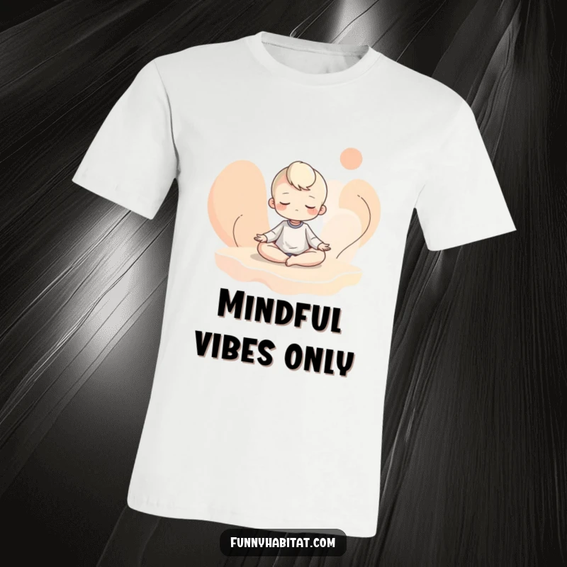 Funny t-shirt showing a character meditating peacefully amongst abstract flowing shapes, promoting calm and gentle humor.
