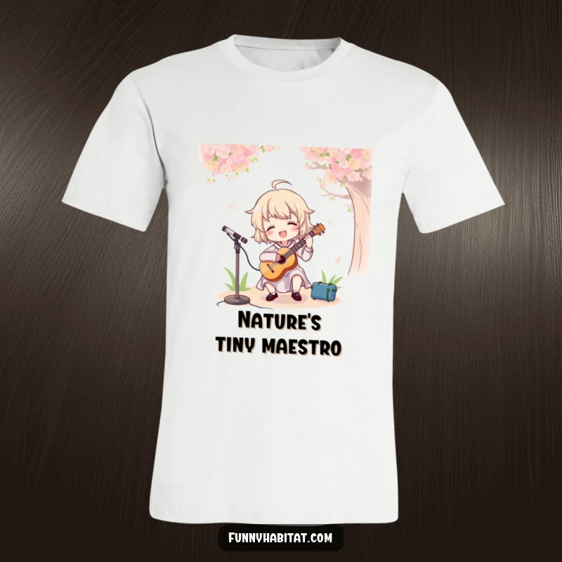 Funny t-shirt featuring a character enthusiastically playing a flute in a meadow, radiating happiness and musical energy.