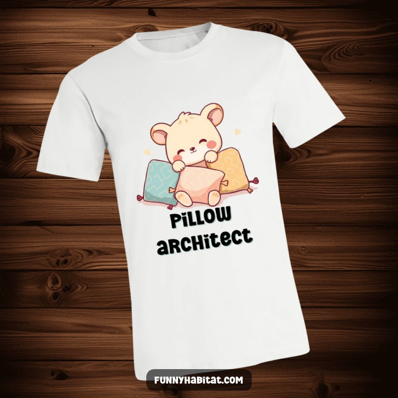 Funny t-shirt depicting an animal character playfully rearranging pillows, great for casual wear and home enthusiasts.