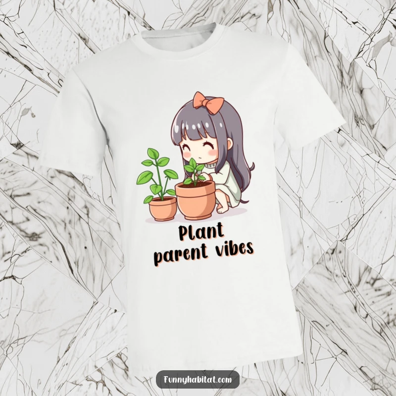 Funny Kawaii T-Shirt, a cute character tends a small flourishing plant, representing nature and humor.