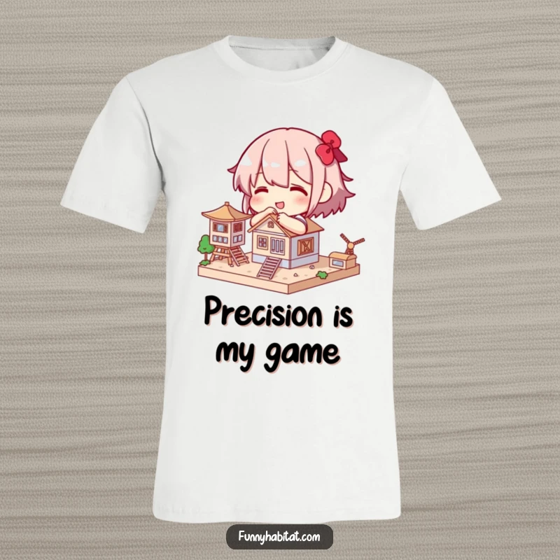 Funny t-shirt of a character happily building a small, intricate model structure, highlighting their focus and dedication.