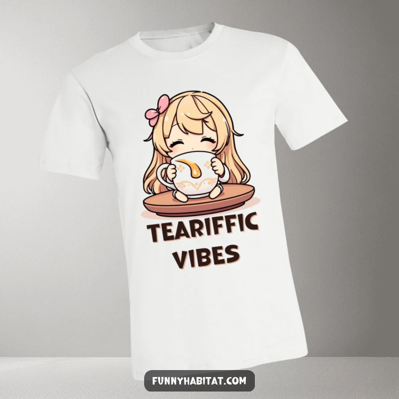 Funny chill vibes t-shirt depicting a character relaxed and content sipping tea from a mug, celebrating peace.