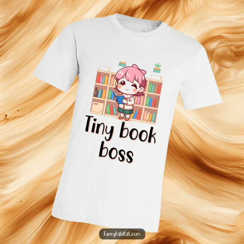 Funny t-shirt depicting a character meticulously organizing tiny bookshelves with a look of pure satisfaction and a gentle smile.