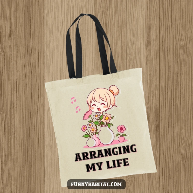 Funny tote bag featuring a character humming while arranging flowers in a vase; a cheerful and practical accessory.