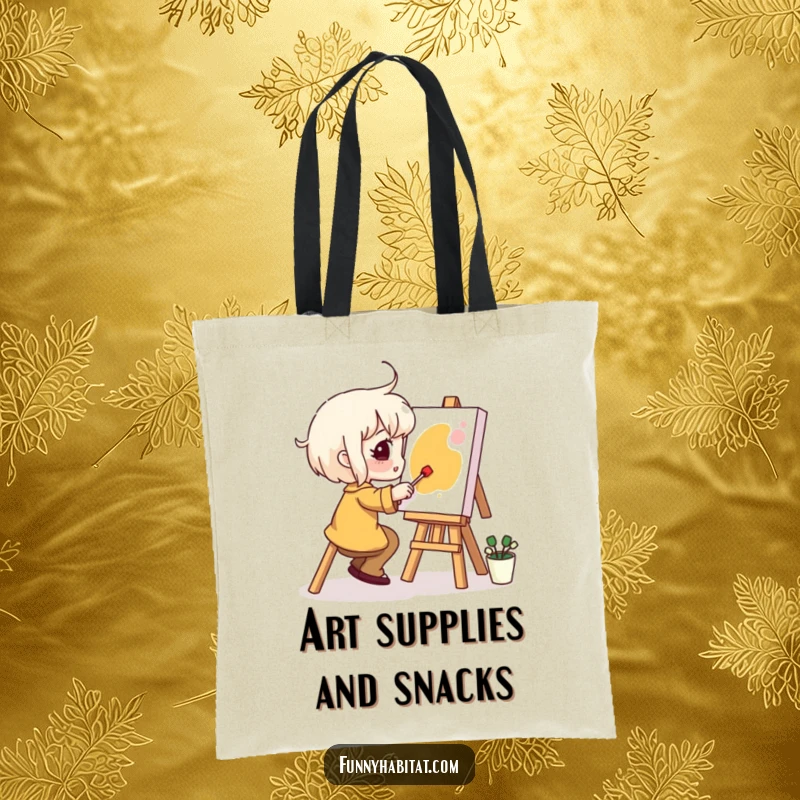 Funny Tote Bag: A joyful character happily paints on a tiny canvas, showcasing a passion for art with a humorous touch.